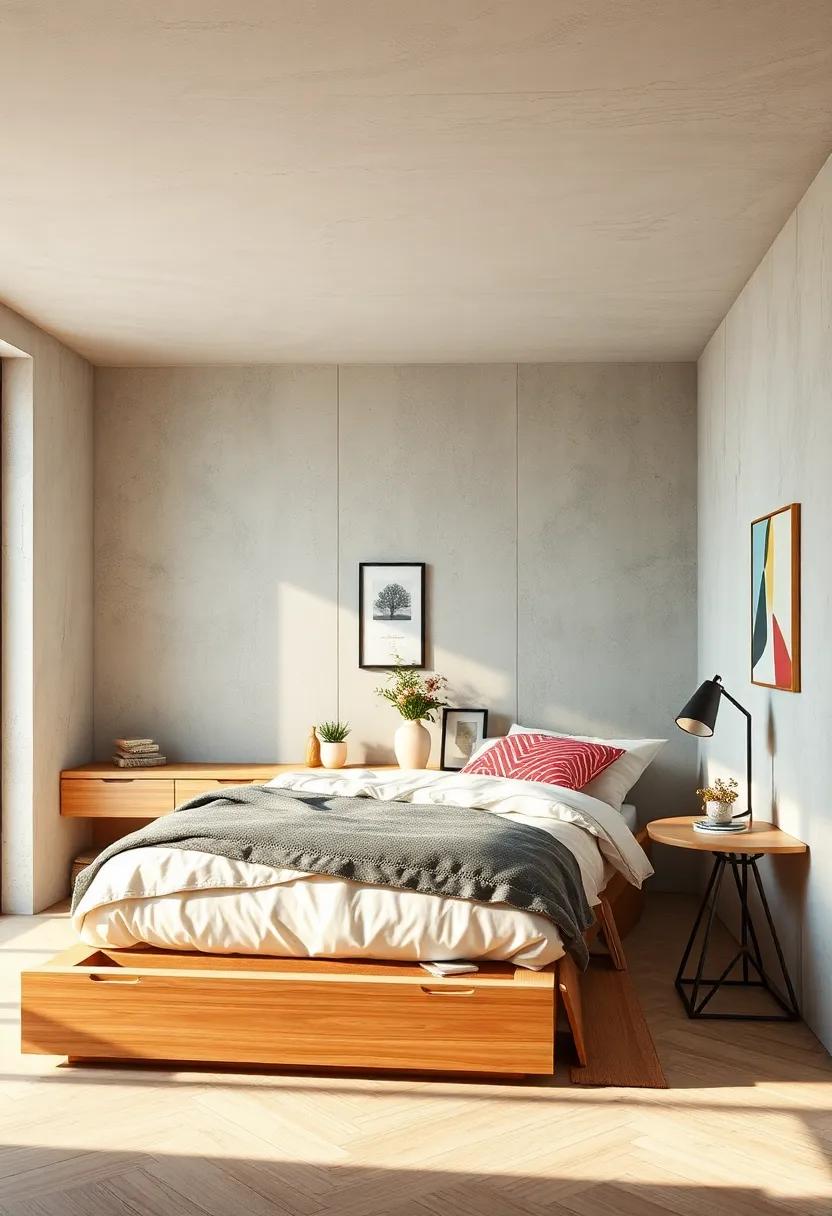 Opt for a bed frame with drawers integrated into the base to keep clothes and accessories neatly tucked away but easily accessible