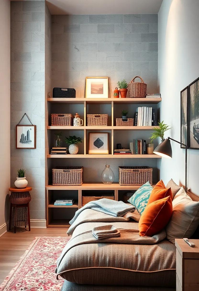 use decorative baskets on shelves; they add style while cleverly hiding clutter like art supplies and tech gadgets