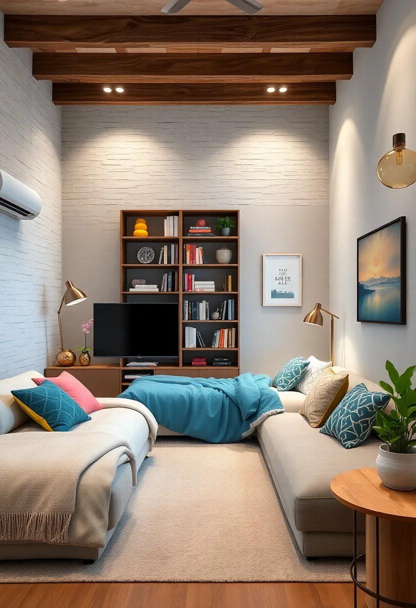 Consider a storage ottoman that doubles as seating; it’s chic and perfect for stowing away blankets and games