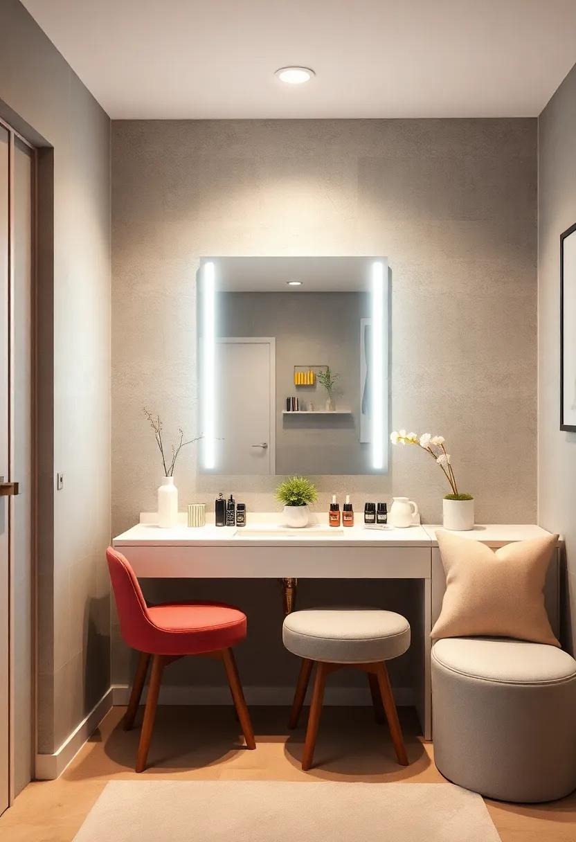 Design a stylish vanity that incorporates a lift-top mirror revealing hidden compartments for makeup and accessories