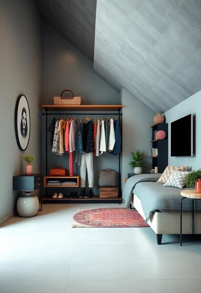 Use a clothing rack as both a design statement and storage solution for outfits and bags, freeing up closet space