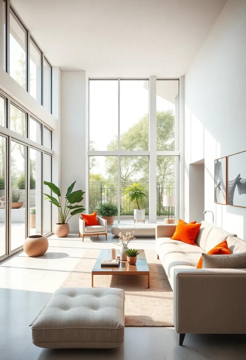 Embrace Natural Light: Large floor-to-ceiling windows bring the outdoors in, bathing your minimalist space in natural light and creating an airy atmosphere