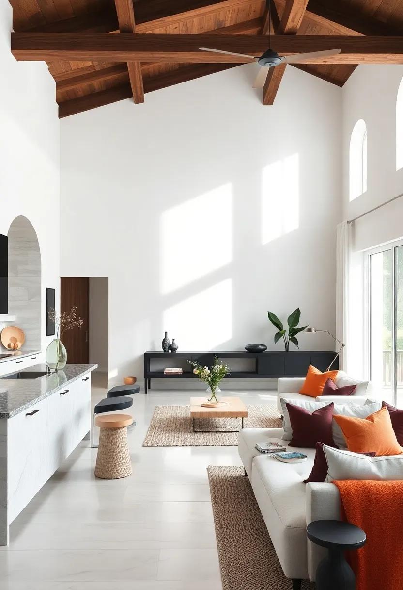 Contrast with Dark Accents: Introduce subtle dark accents like a black marble countertop or dark wooden beams for contrast that enhances the minimalist look