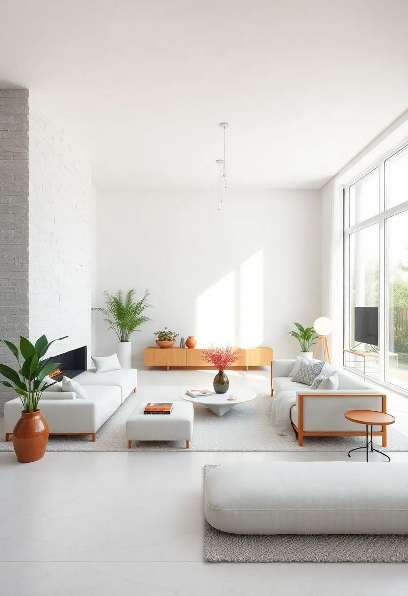 Feature Wall of art: Create a striking yet minimalist gallery wall with large white frames showcasing monochrome or abstract art pieces