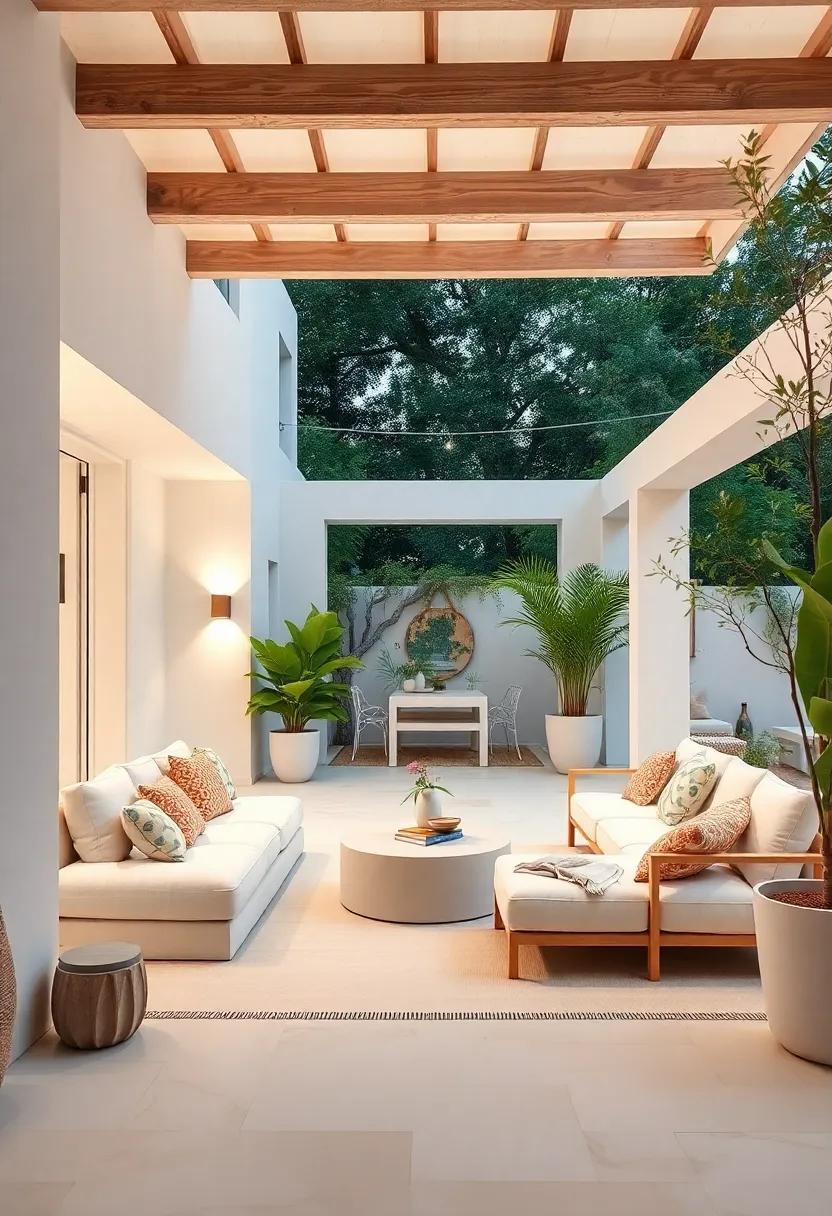 Secluded Outdoor Spaces: Incorporate a minimalist outdoor patio featuring white lounging furniture and soft lighting to establish a tranquil outdoor escape