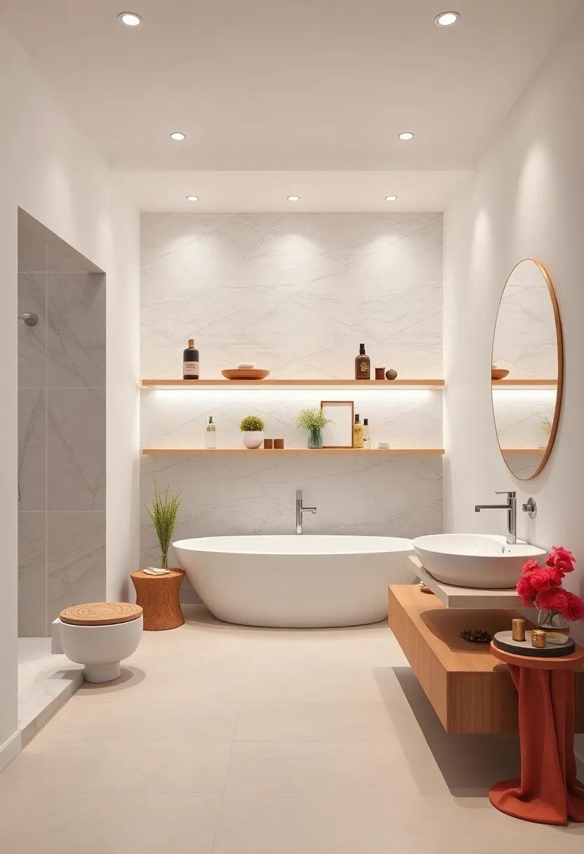 Open Shelving in Bathrooms: Use floating shelves in bathrooms for a clean yet functional storage solution, displaying neatly arranged toiletries and decor
