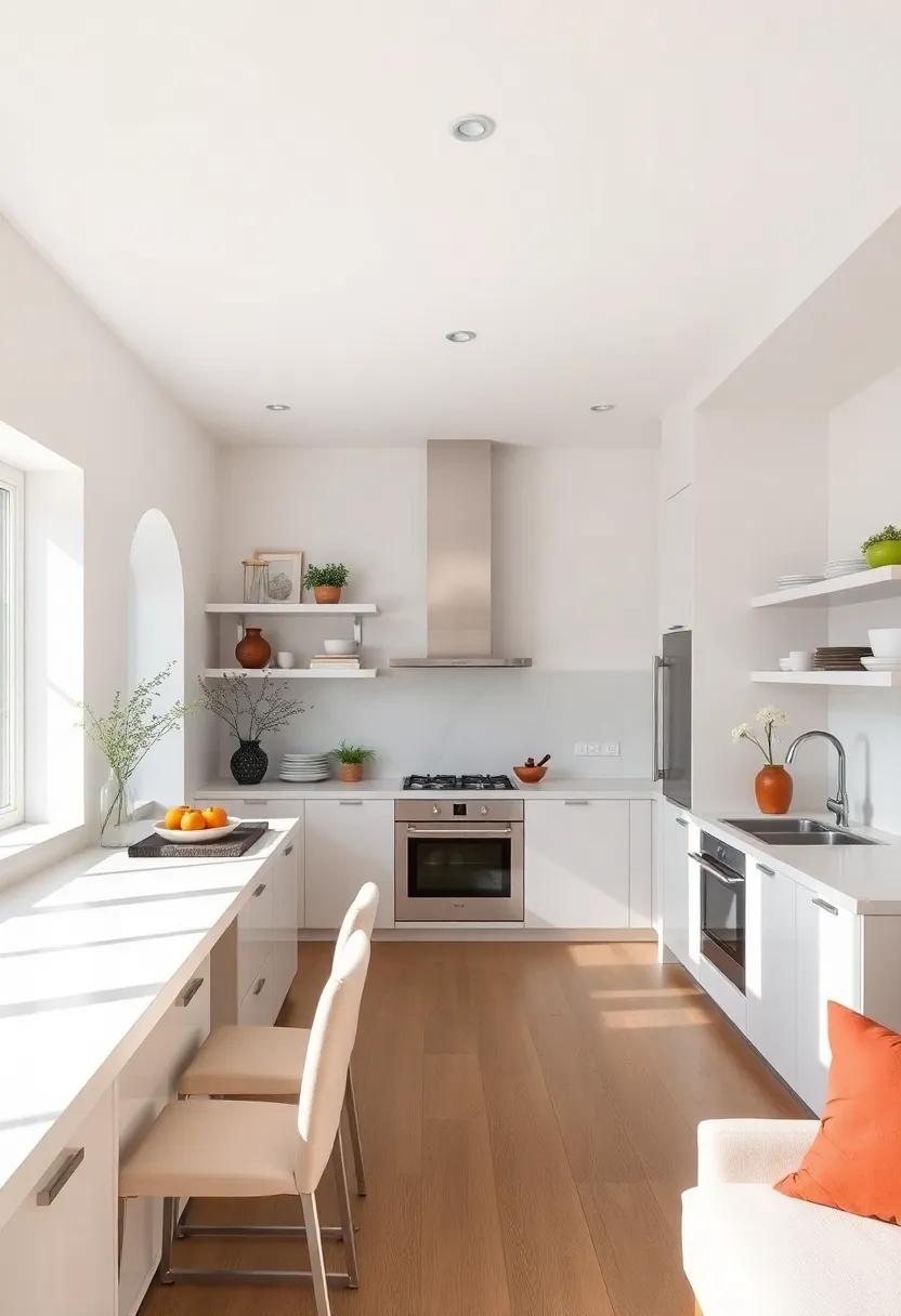 Monochrome Kitchen: Design a white kitchen with minimal hardware,seamless countertops,and open shelving to create a clean,sleek cooking space