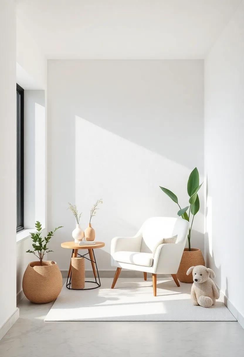 Cozy Reading Nook: Design a minimalist reading corner with a simple white chair and a small side table, creating a perfect escape for quiet moments
