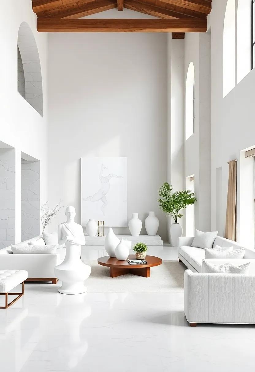 Artistic White Sculptures: Curate a collection of white sculptures that serve as focal points, adding interest without cluttering the space