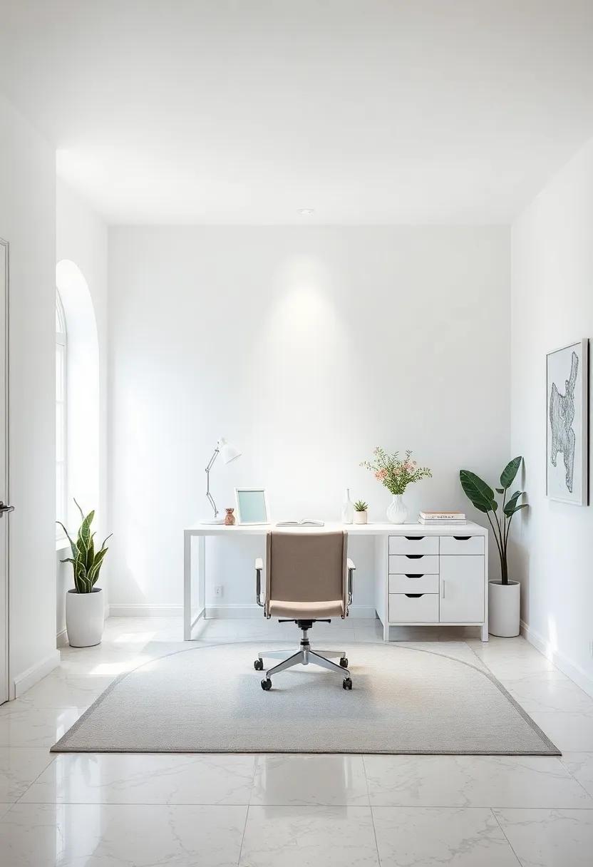 Minimalist Home Office: Create a calming workspace with a simple white desk, ergonomic chair, and strategic storage, promoting focus and tranquility