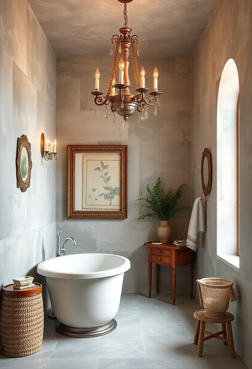 Antique Chandeliers: Illuminate your bathroom with an ornate chandelier that captures the elegance of traditional design
