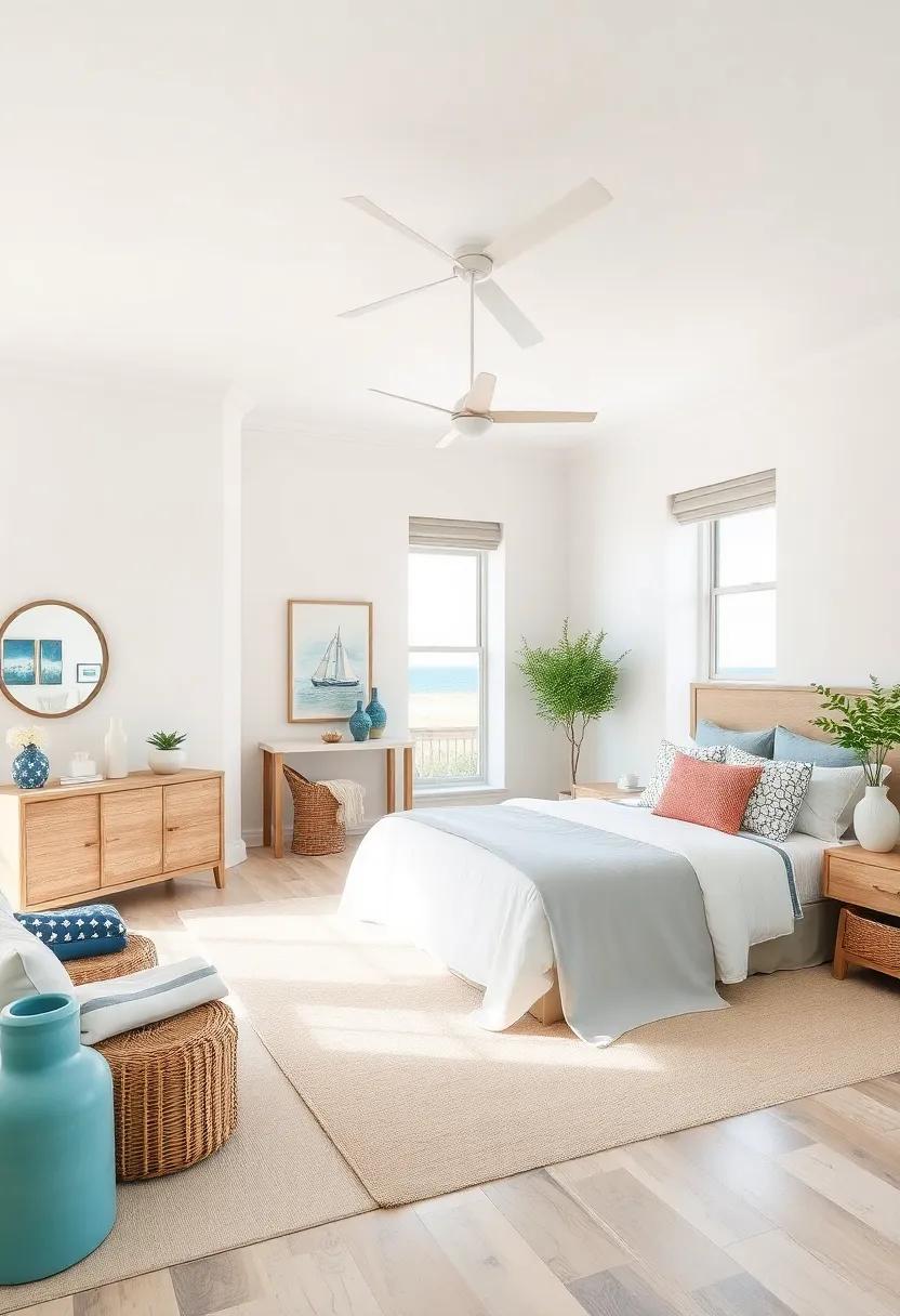 Embrace Nautical Neutrals: Choose a palette of soft whites, sandy beiges, and ocean blues to create a calming base for your coastal bedroom