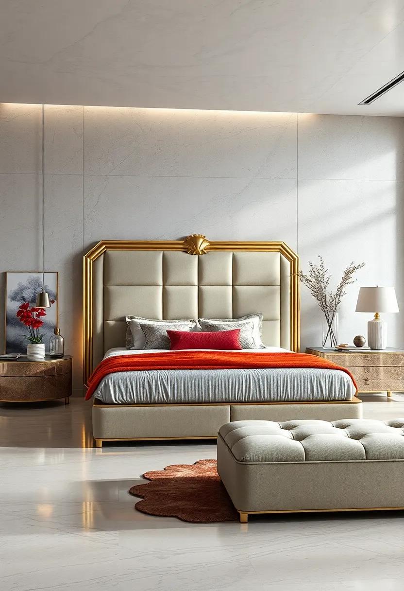 Art Deco Delight: Luxurious materials and glamorous details create an opulent bed frame that channels timeless elegance