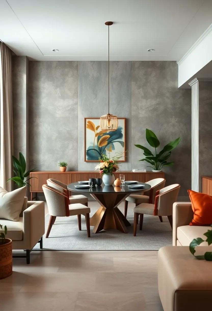 Natural Elements: incorporate greenery with strategically placed plants or floral arrangements that bring life and energy to your dining space