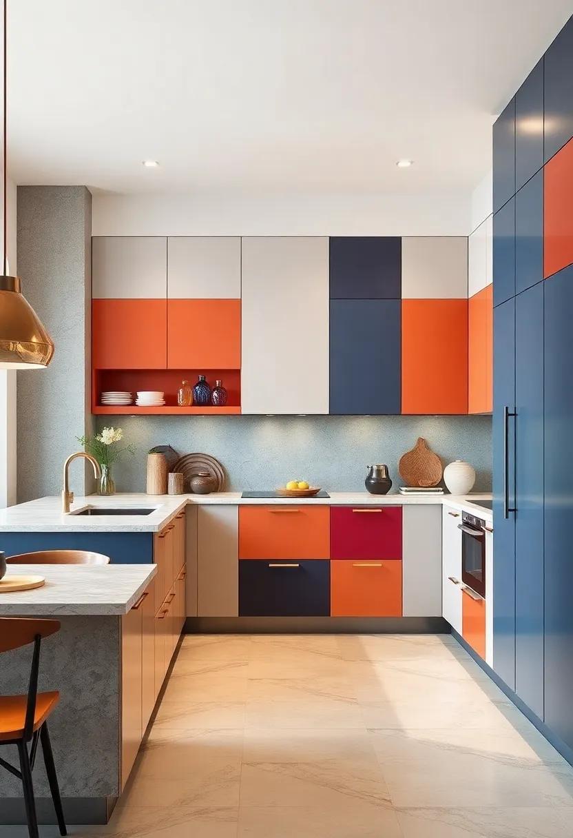 color-Blocked Cabinets: Embrace the artistic trend of color-blocking with uneven color divisions in your cabinetry for a modern, playful look