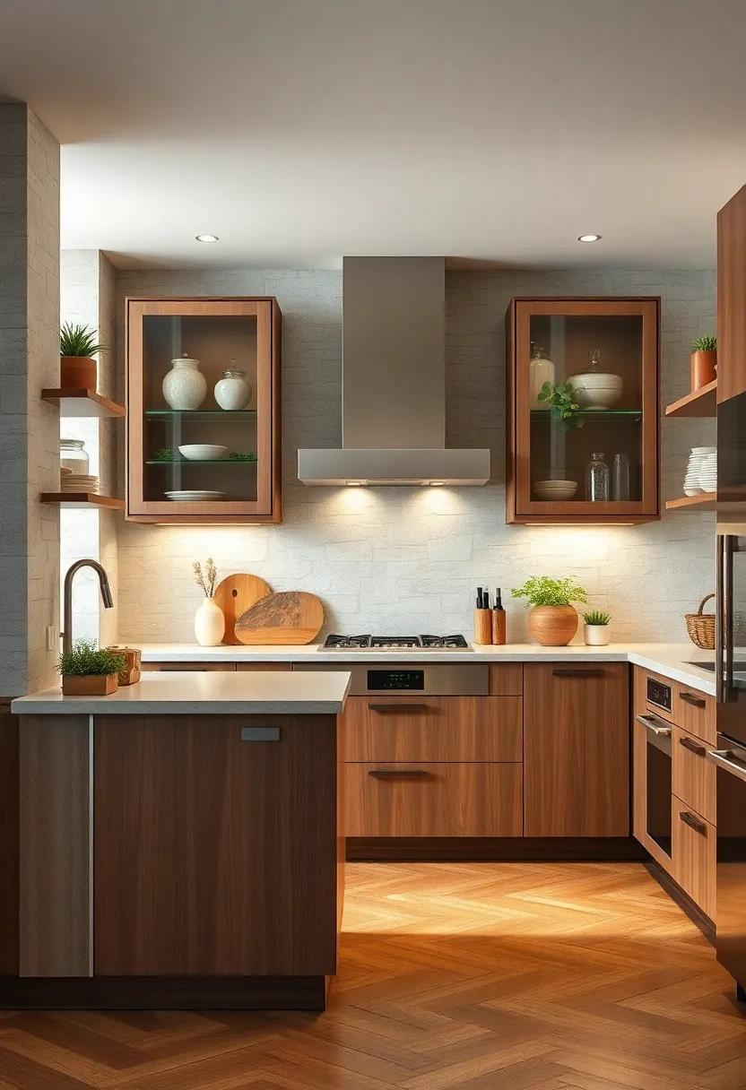 Mixed Materials: Experiment with different materials by incorporating glass-front cabinets with wooden bases, filling spaces with unique eclectic décor