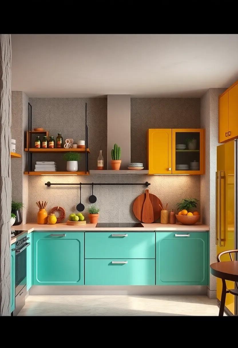 Retro Revival: Channel the retro aesthetic with rounded edges and bright colors like mustard yellow and mint green for a nostalgic kitchen atmosphere