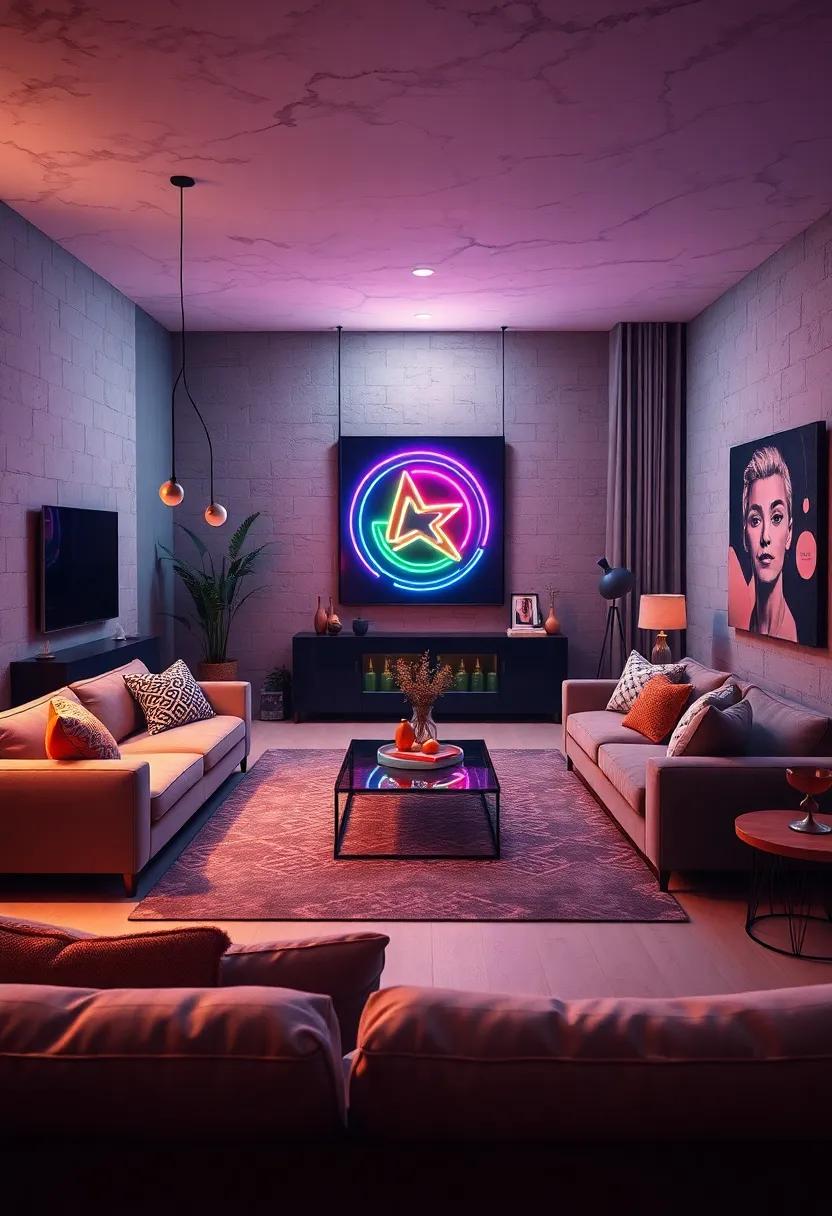 incorporate Neon Art: Use ‌neon ⁣lights or colorful graphic pieces to inject a fun,‍ energetic vibe into your living⁢ area
