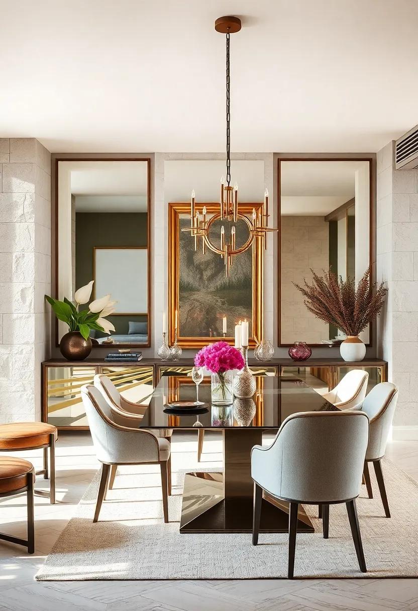 Frame Large Mirrors: Use large framed mirrors as artwork, making your dining room appear larger while injecting a modern touch to the overall aesthetic