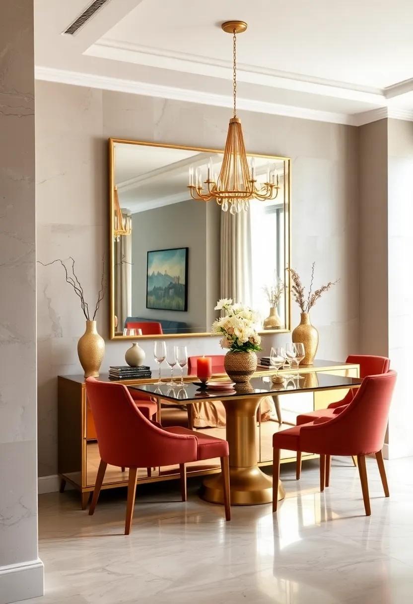 Position a Mirrored Buffet: A mirrored buffet allows for practicality while providing a stylish surface area for drinks, decor, and serving dishes during gatherings