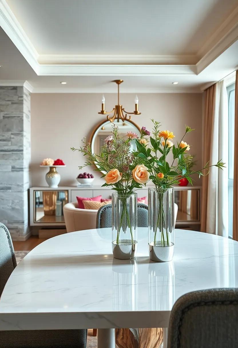 Use Mirrored Vases: Add mirrored vases filled with flowers or greenery to create a striking contrast and uplift the overall vibe of your dining space