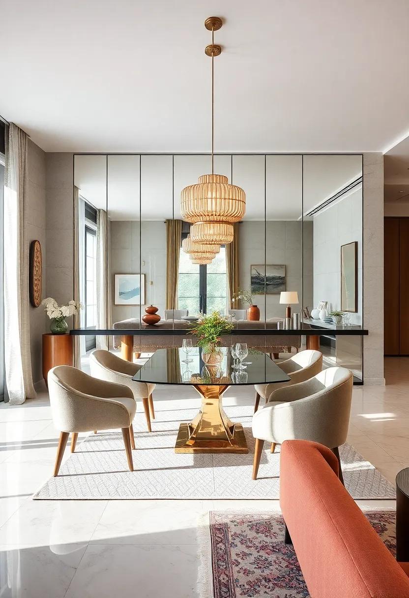 Use mirrored Dividers: floating mirrored room dividers can create a sense of openness while giving your dining area a sophisticated, expansive look