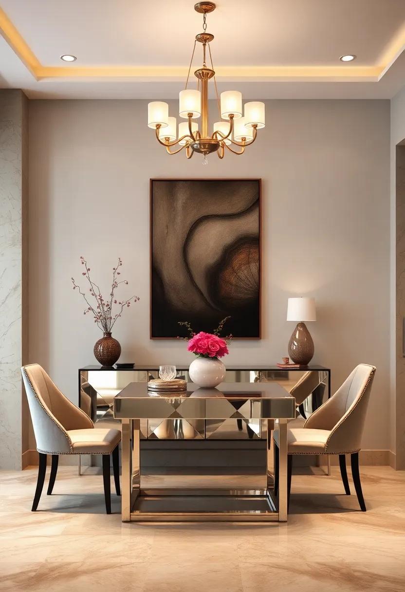 Integrate a Mirrored Console Table: A chic console table at the entrance or on a wall can serve both decorative and functional purposes, enhancing your dining room's style