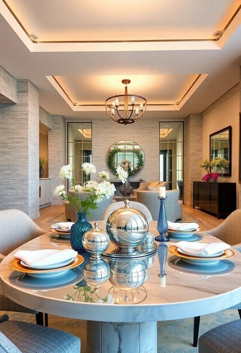 Incorporate Mirrored Centerpieces: Use mirrored trays or objects as centerpieces to elevate your table setting, adding a touch of glamour while reflecting your beautiful dishes