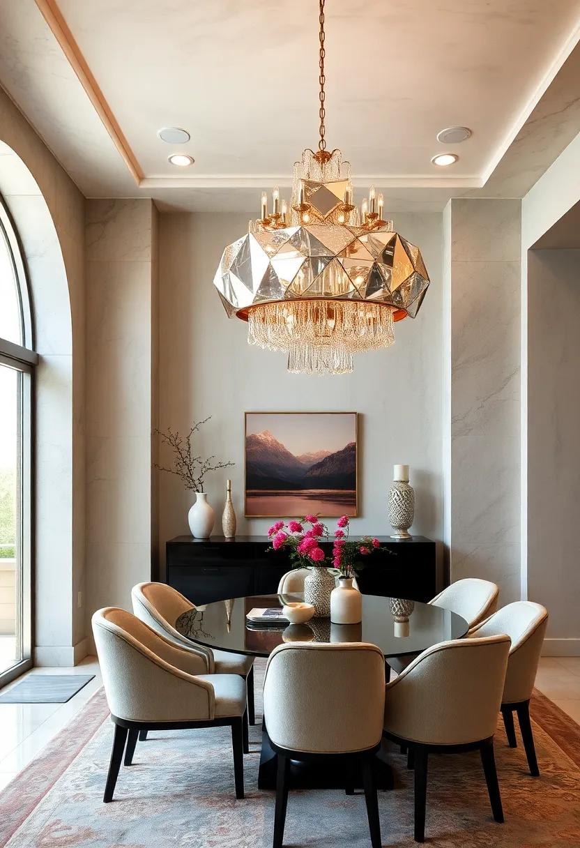 Hang a Mirrored Chandelier: Swap out your traditional light fixture for a dazzling mirrored chandelier that captures the eye and brightens up your dining area