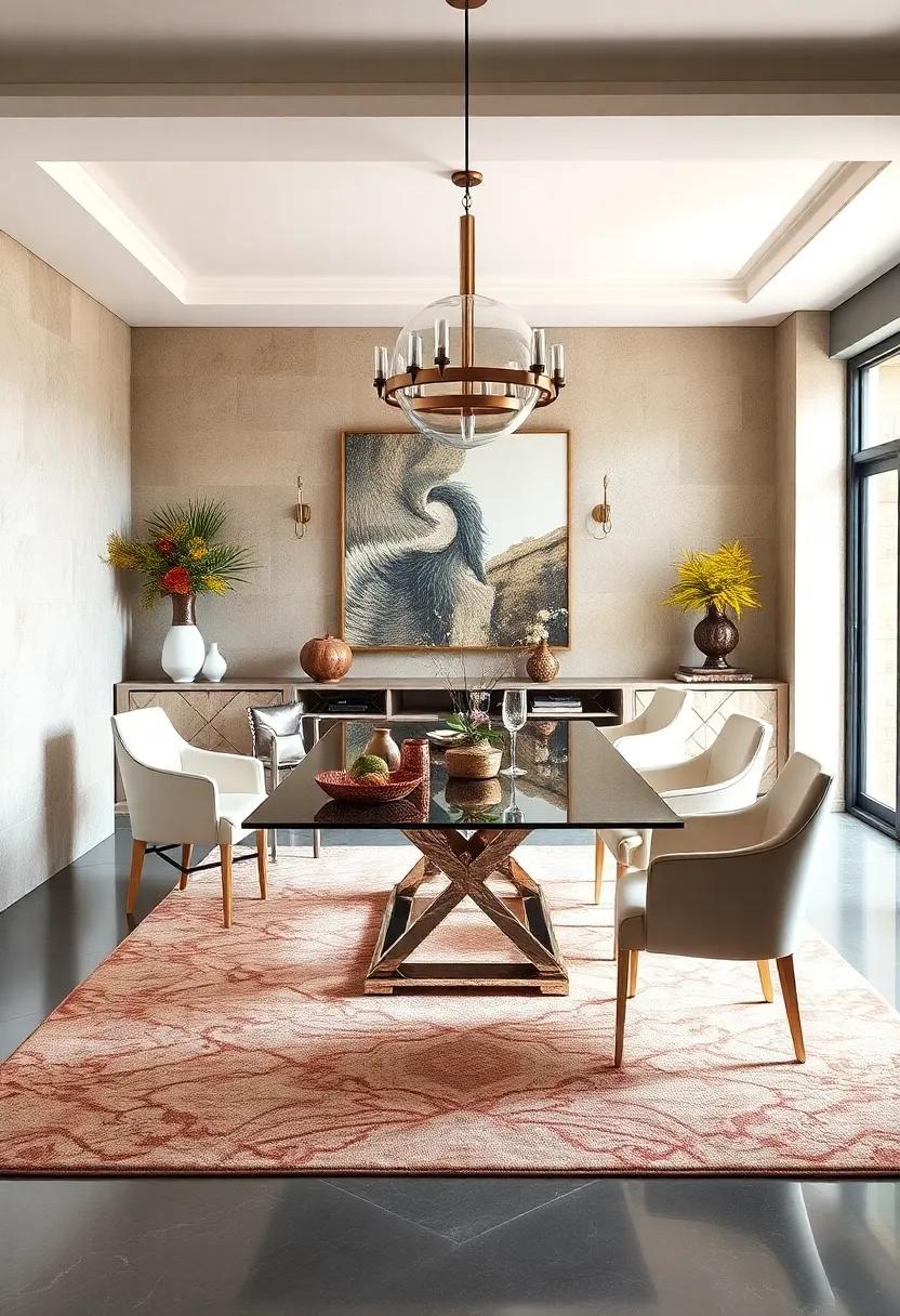 Incorporate Mirrored Rugs: Consider rugs with mirrored patterns or metallic threads that catch light, lending a modern and polished feel to your dining room