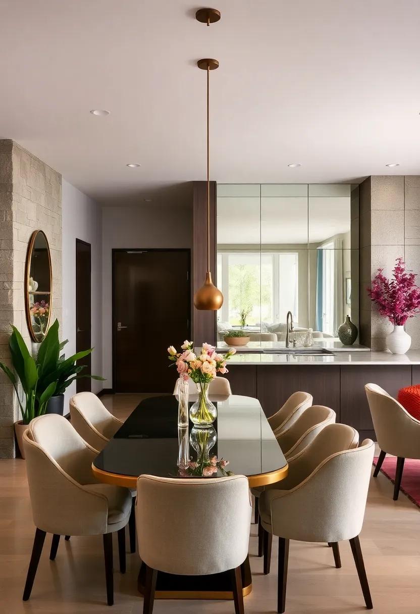 add a Mirrored Backsplash: If your dining area is open to a kitchen space, consider a mirrored backsplash that reflects light and creates a stylish boundary