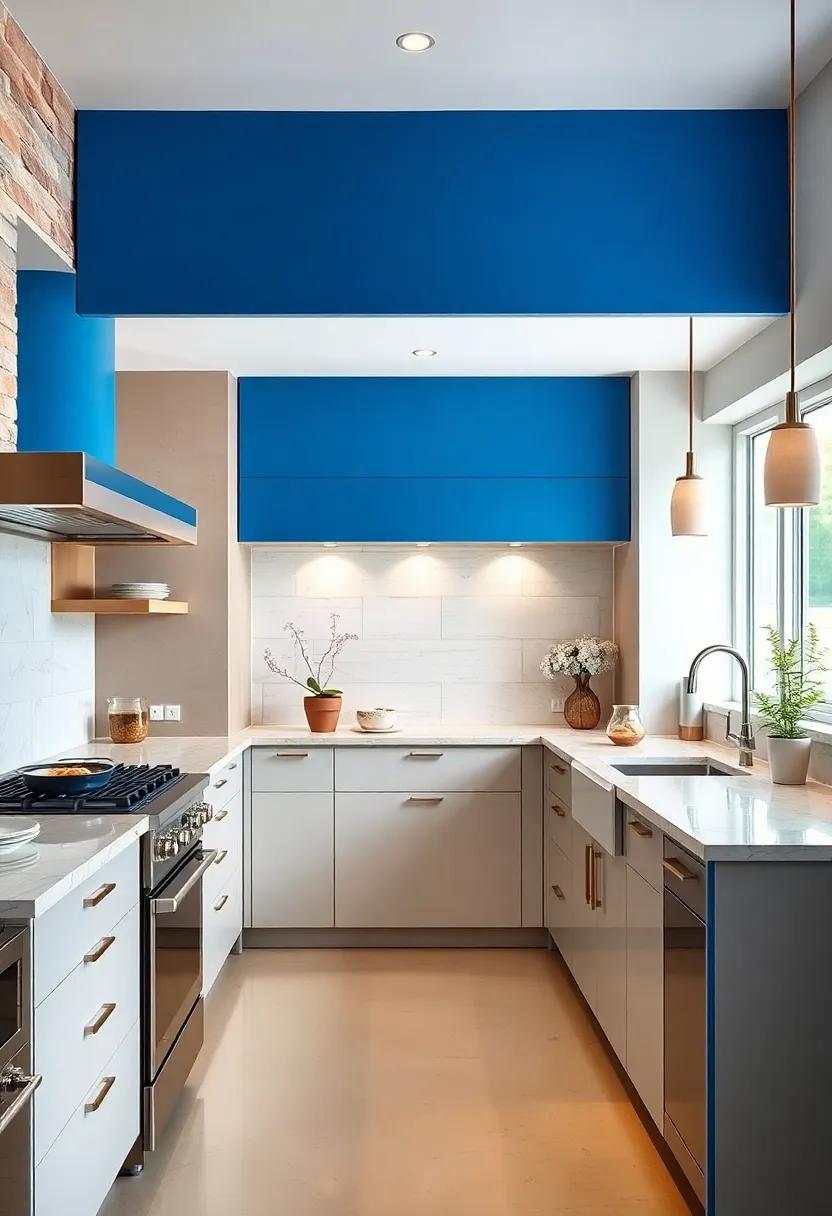 A bold blue range hood makes a striking⁢ statement in this‍ chic galley kitchen, perfectly accented by stainless ‍steel appliances and‌ marble countertops for a sophisticated⁣ touch