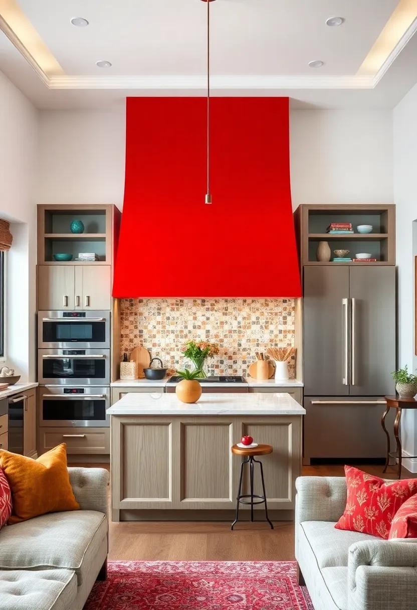 Bright and bold, the vibrant red ‍hood in this eclectic kitchen commands attention against‍ a backdrop of crisp white walls and a colorful mosaic tile backsplash