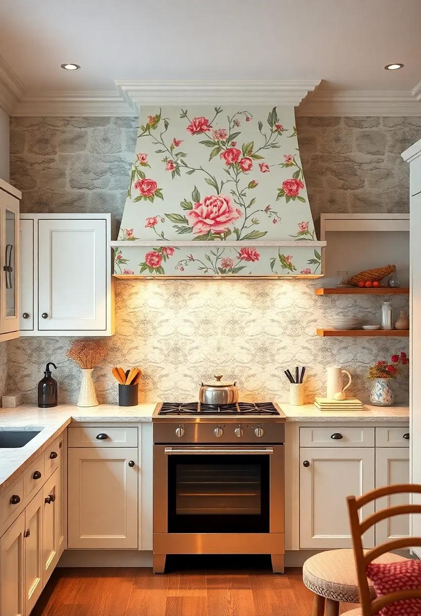 A charming cottage kitchen features a whimsical floral-patterned range hood, effortlessly ⁣paired with‍ soft pastel cabinets and vintage touches that create a nostalgic ambiance