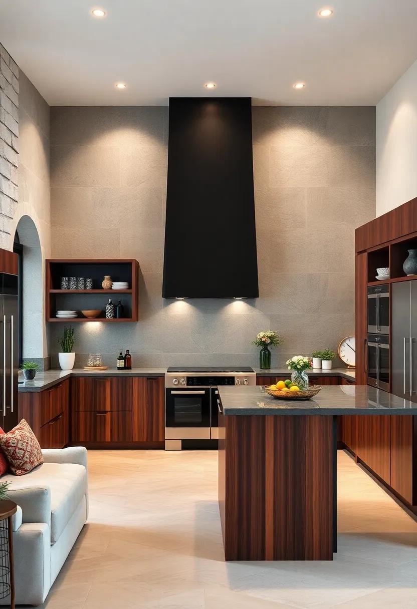 The combination of a bold black hood and rich mahogany cabinetry creates a striking contrast in this sophisticated kitchen, exuding warmth and a sense of luxury