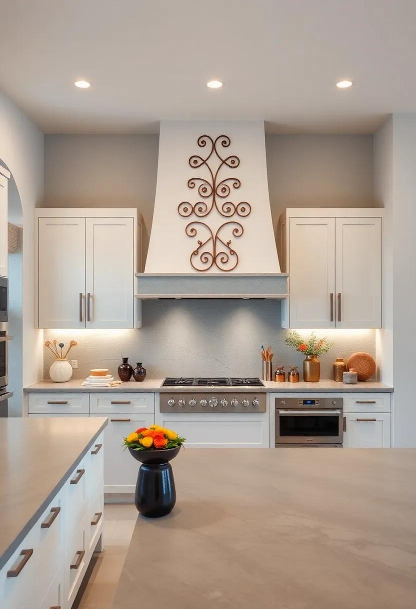 A ⁢contemporary kitchen embraces an artistic​ flair with a custom-designed range ‌hood featuring intricate metalwork, set against a backdrop of warm white cabinetry and polished concrete countertops