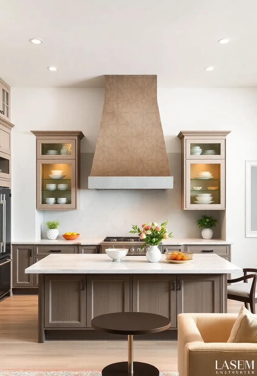 An elegant transitional kitchen boasts a two-toned ⁢hood that plays off the cabinetry colors, while glass-front cabinets display delicate dishware, enhancing the ⁣inviting atmosphere