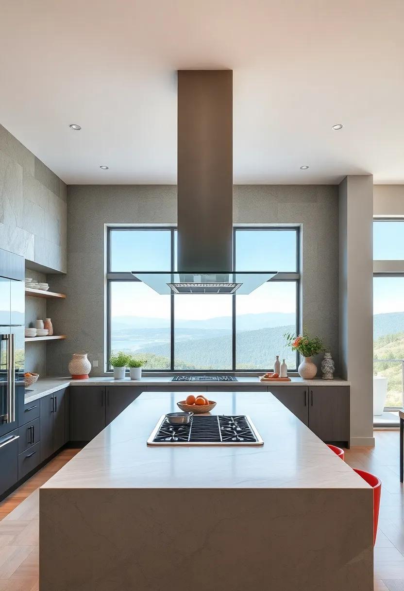 Featuring an innovative design, the glass ⁢range⁢ hood in this⁣ airy⁣ kitchen floats above a ​large cooking ⁤surface, allowing for unobstructed views of the⁢ stunning landscape visible​ through the windows