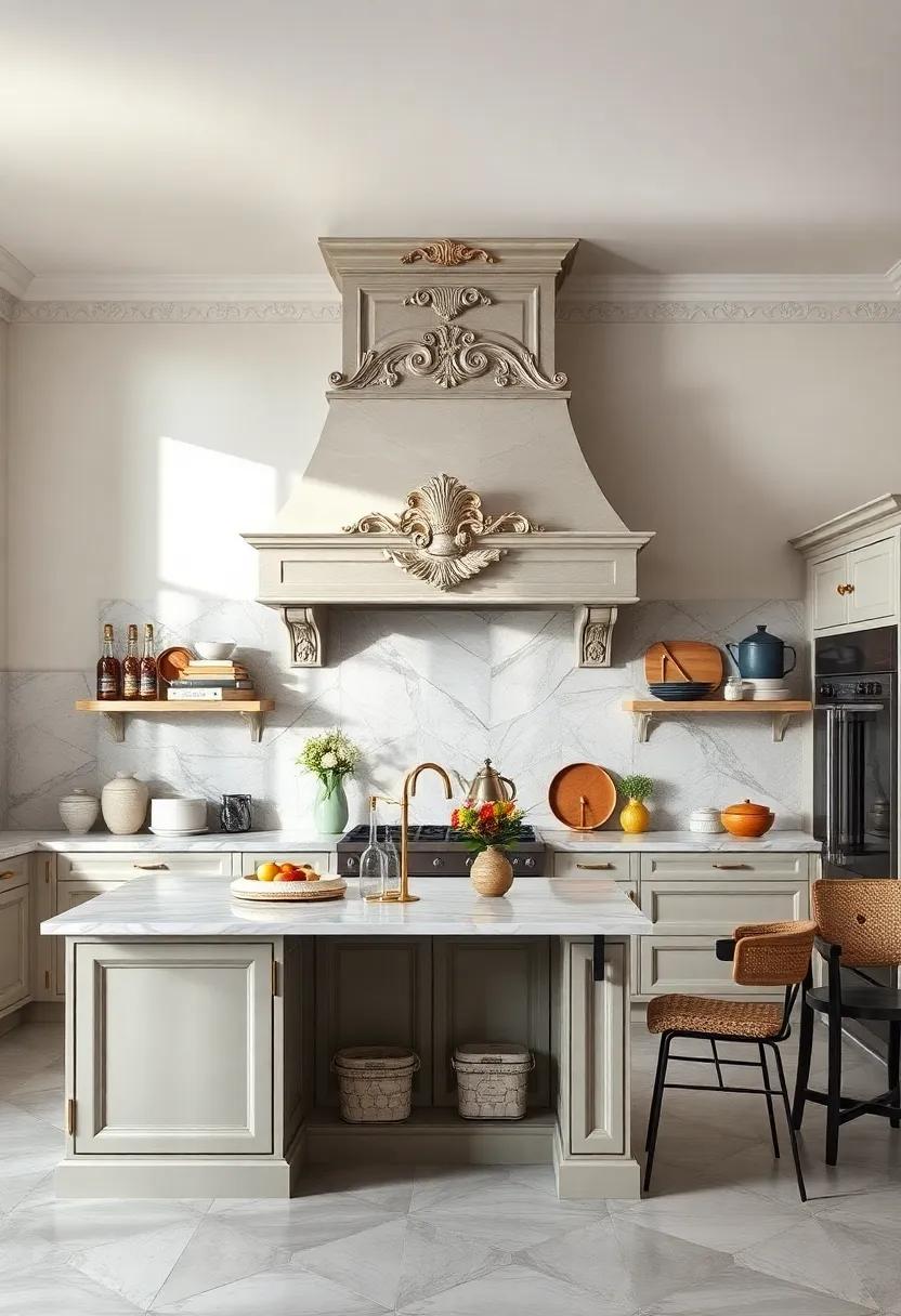 The grandeur of a classic French kitchen is captured in a beautifully ornate hood, featuring elaborate details⁣ and gold ‌embellishments that create a timeless​ elegance