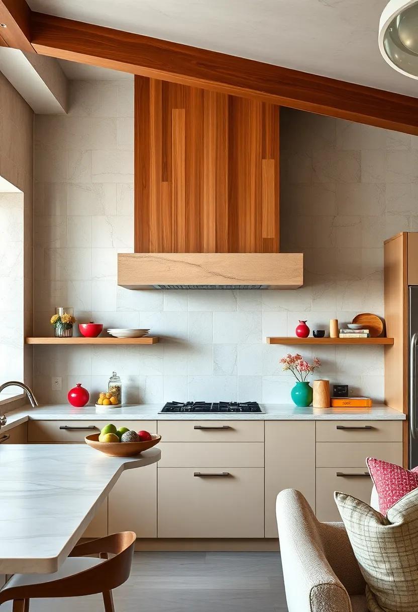 Infused with mid-century modern vibes, this kitchen showcases a‍ sleek wooden ​hood with clean lines, complemented by retro-inspired hardware and vibrant ⁢color accents