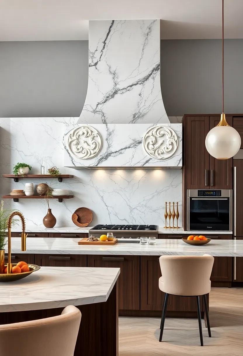 An italian‍ gourmet kitchen embraces opulence with a⁣ custom-made marble hood that features intricate​ carvings,⁣ harmonizing beautifully with polished brass fixtures and dark walnut cabinetry