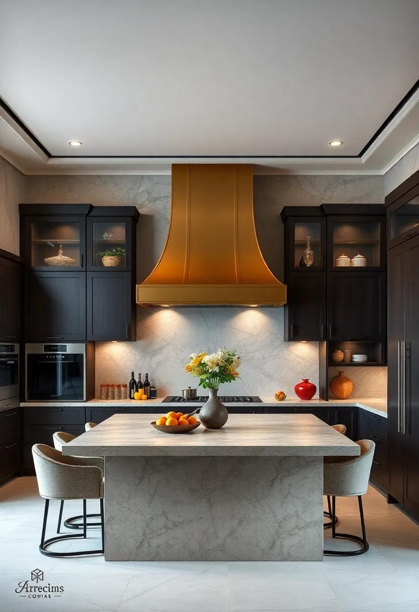 A ‌luxurious ​European-style kitchen showcases a ‌regal gold-accented‍ hood that ​serves as a focal ⁢point, while the rich, dark cabinetry provides a stunning contrast