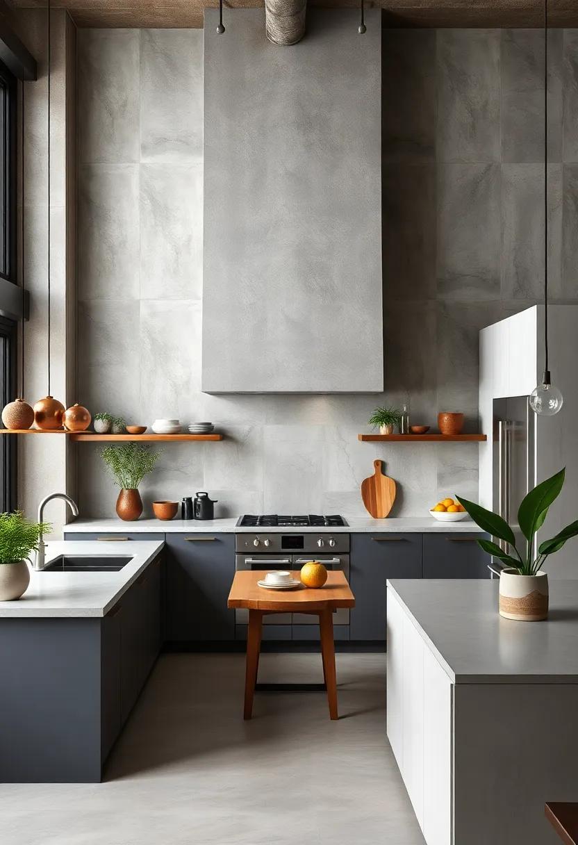 A minimalist ⁣kitchen highlights a subtle concrete hood that blends seamlessly with the⁤ industrial-inspired design, while greenery adds warmth to the overall look