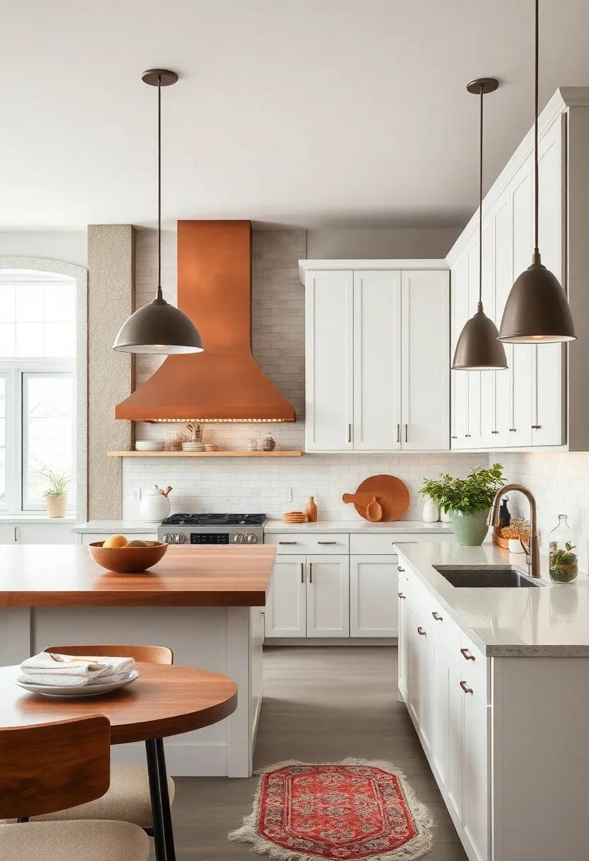 A modern farmhouse⁣ kitchen bursts with character through a vintage-inspired copper hood,elegantly⁣ juxtaposed ⁣with sleek⁤ white cabinetry ⁣and warm wooden accents