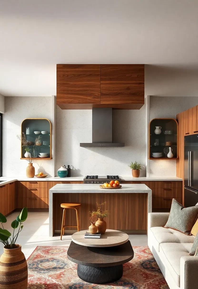 A nature-inspired kitchen features​ a wood-paneled hood that echoes the surroundings, incorporating earth tones and organic materials for a serene cooking environment
