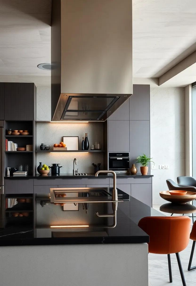 In a ⁣sleek urban penthouse, a minimalist stainless steel hood takes center stage, perfectly‍ complementing the open shelving and ⁢glossy black countertops for a chic, contemporary feel