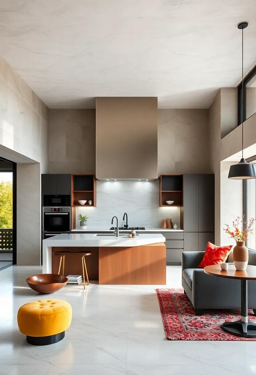 A sleek, contemporary kitchen is anchored by a futuristic hood that adds a unique architectural element, perfectly balancing innovation with the warm tones of the surrounding materials