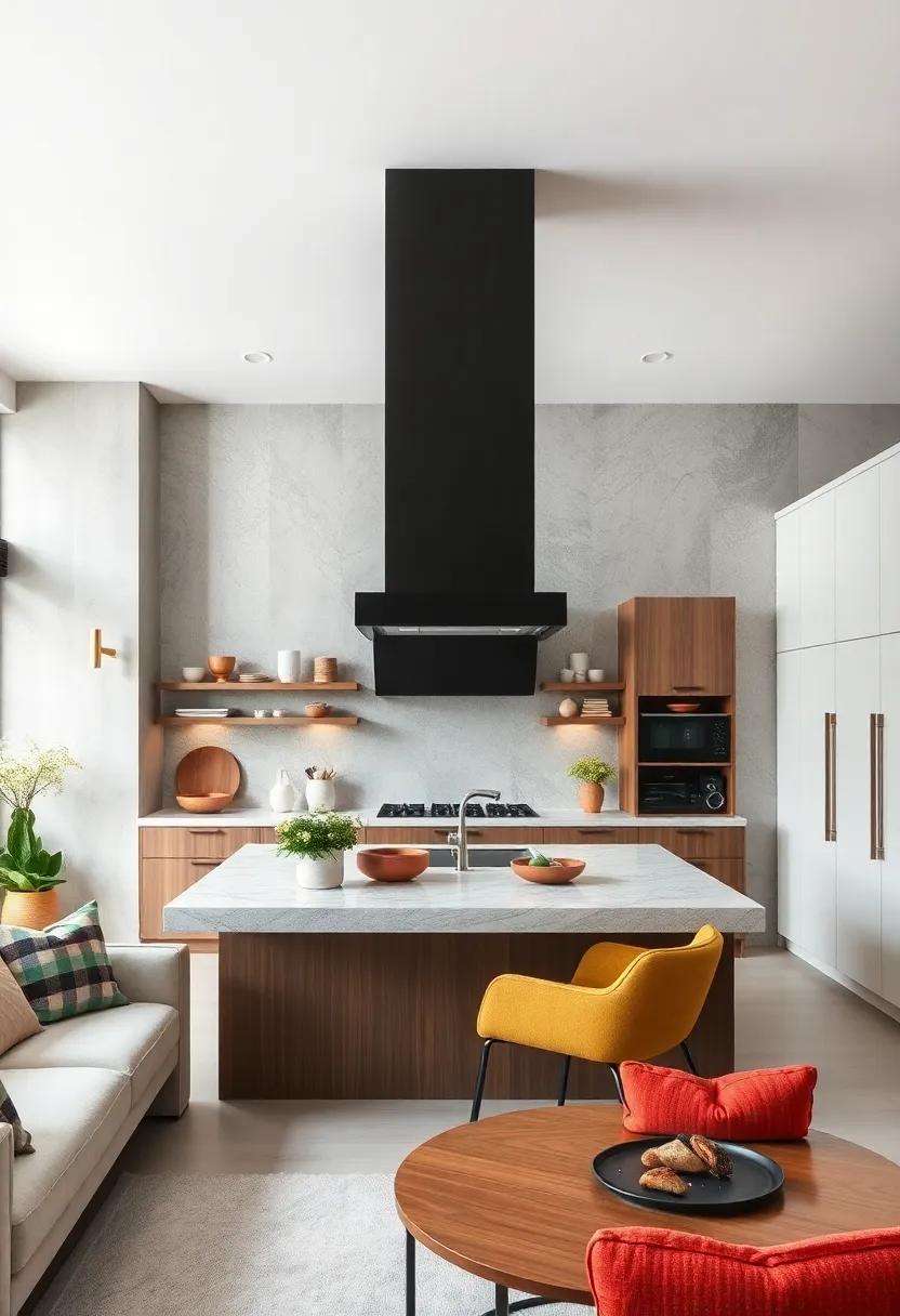 In a sleek monochromatic kitchen, a striking black metal hood hangs down, creating a​ focal point above ⁤the large island that is perfect for entertaining guests