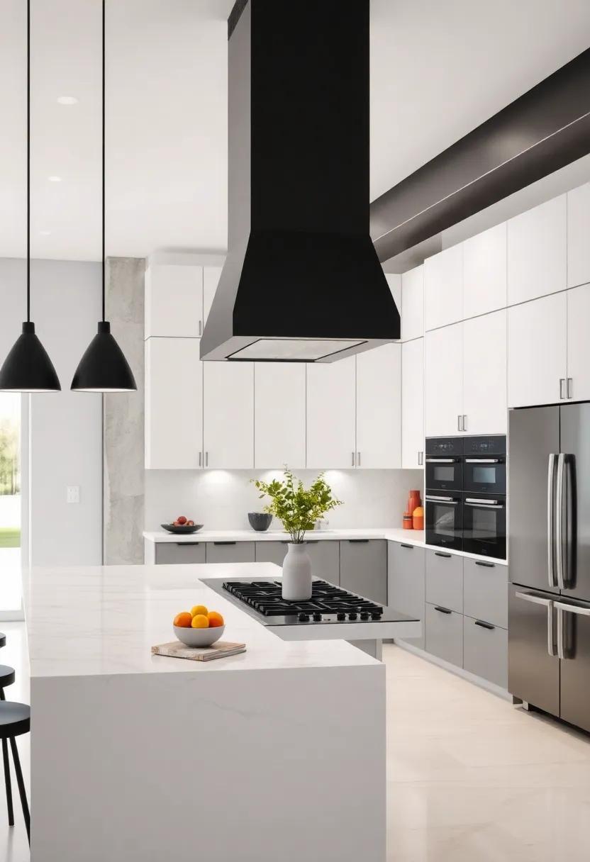 A sophisticated black-and-white​ kitchen features a stunning, matte black hood that seamlessly integrates into the cabinetry, adding a touch of drama to the or else straightforward design