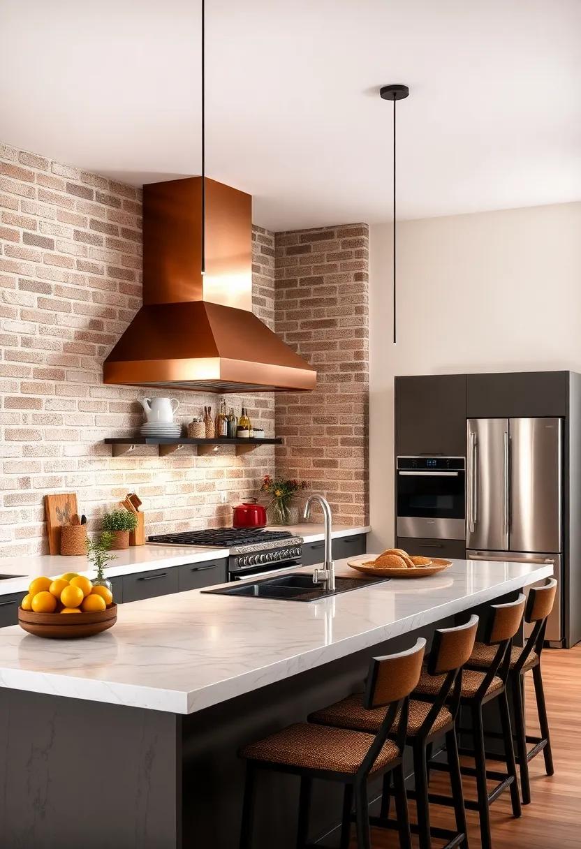 A stylish industrial kitchen incorporates a brushed copper hood that stands out⁣ against exposed‌ brick walls, harmonizing the ⁢old-world charm with modern appliances